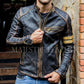 Majestic Leather - Men's Biker Vintage Golden Striped Black Luxury Handmade Lamb Leather Jacket