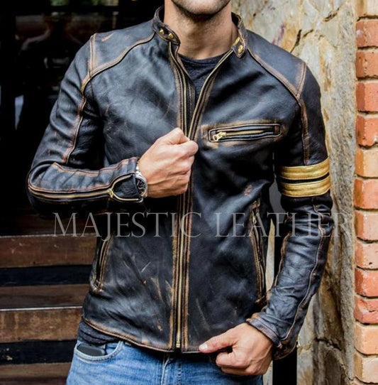 Majestic Leather - Men's Biker Vintage Golden Striped Black Luxury Handmade Lamb Leather Jacket