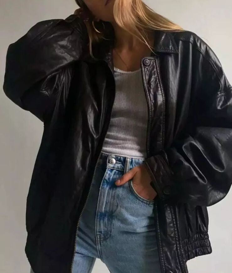 Majestic Leather - 90's Women Casual Oversize Bomber Lambskin Soft Real Leather Jacket