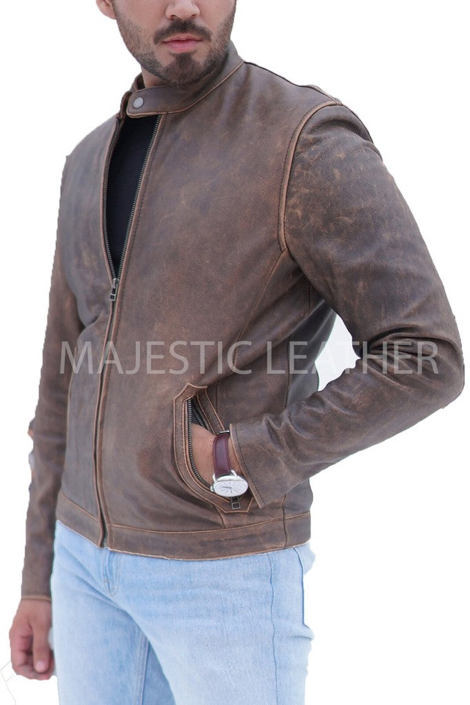 Majestic Leather - New Men's Distressed Cafe Racer Brown Leather Jacket