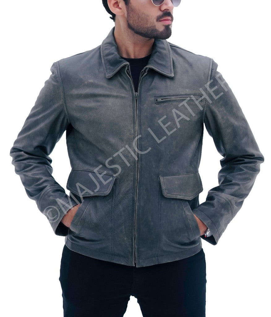 Majestic Leather - MEN'S AVIATOR DISTRESS BLACK GREY REAL LEATHER JACKET