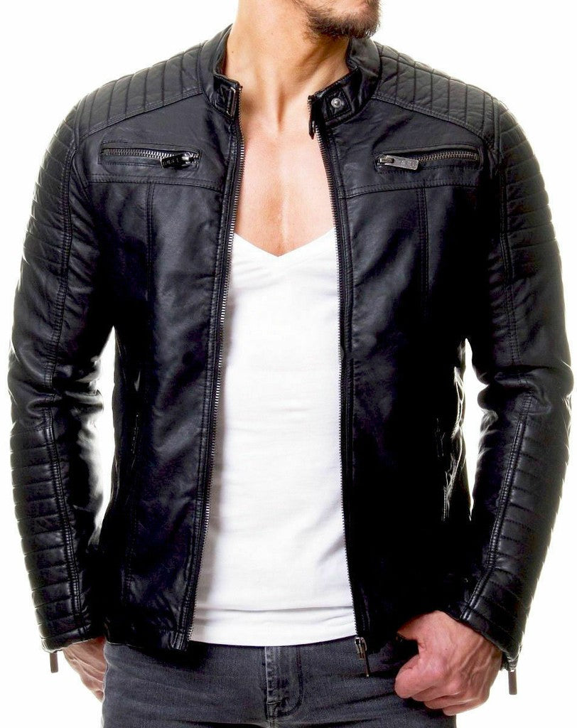 Majestic Leather - Herren Vintage Cafe Racer Schwarz Echtleder Slim Fit Echt Bikerjacke