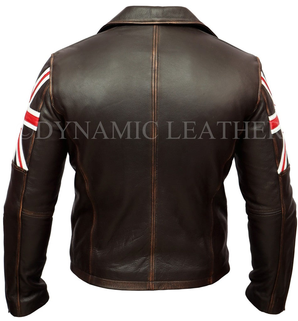 Majestic Leather - Mens Biker Vintage Distressed Brown Union Jack 2 Cafe Racer Leather Jacket