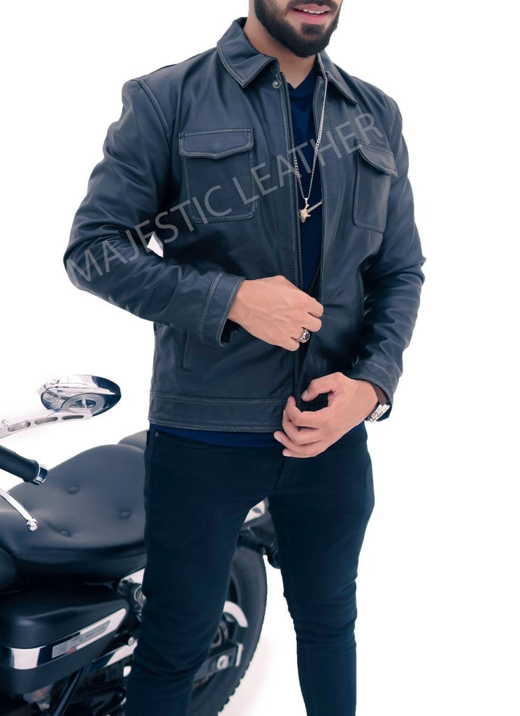 Majestic Leather - New Men's Betler Distress Black Real Leather Cowhide Jacket