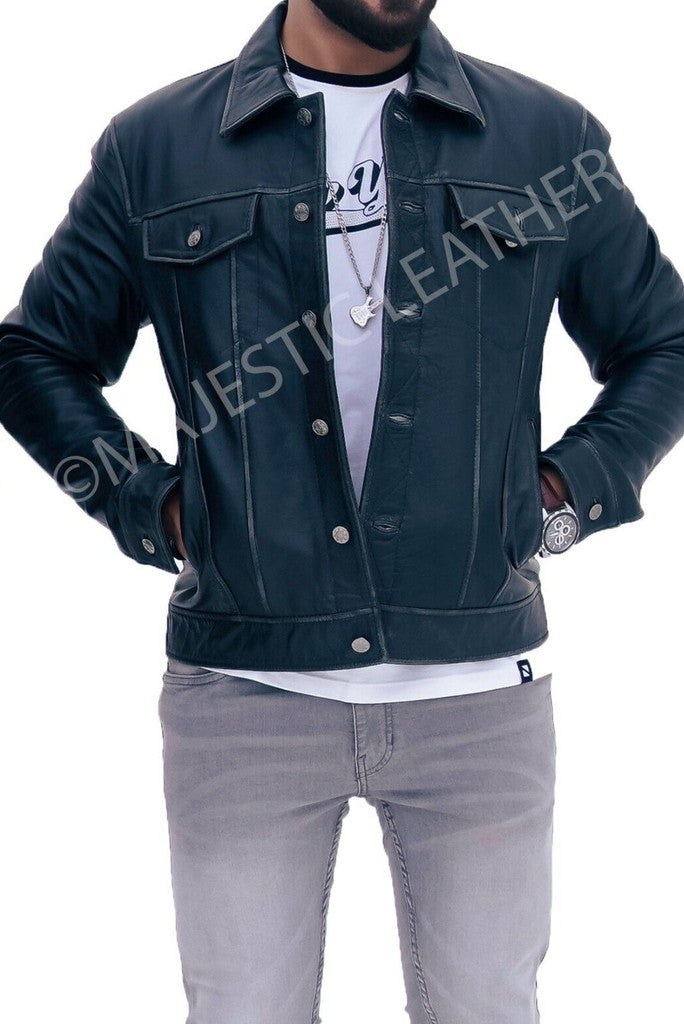 Majestic Leather - New Men's Trucker Black Vintage Biker Leather Jacket