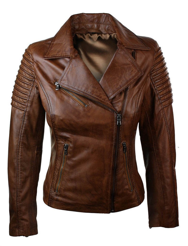 Majestic Leather - Woman Slim Fit Brown Genuine Real Leather Biker Jacket
