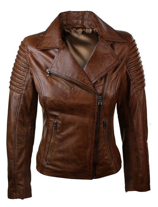 Majestic Leather - Woman Slim Fit Brown Genuine Real Leather Biker Jacket