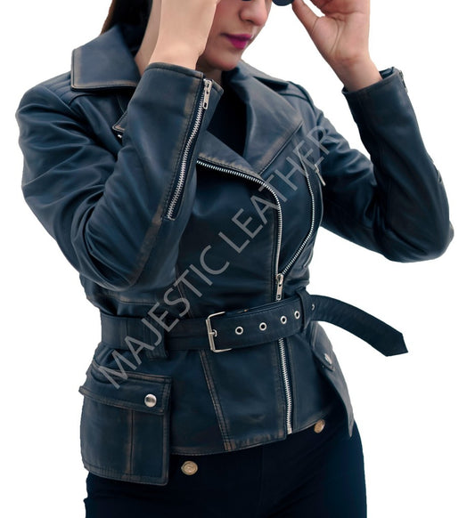 Majestic Leather - WOMEN REAL LEATHER BIKER DISTRESS VINTAGE JACKET SOFT LAMBSKIN