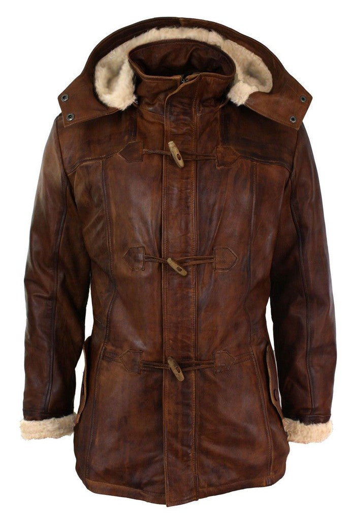 Majestic Leather - Brown Man 3/4 Marroncino with Hood Safari Hair Winter along Real Skin