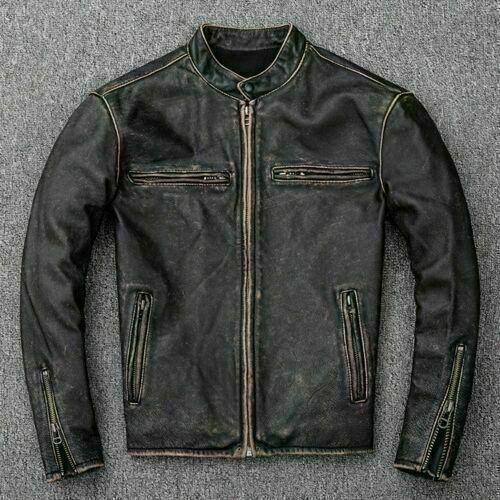 Majestic Leather - Men’s Motorcycle Biker Vintage Distressed Black Faded Real Leather Jacket