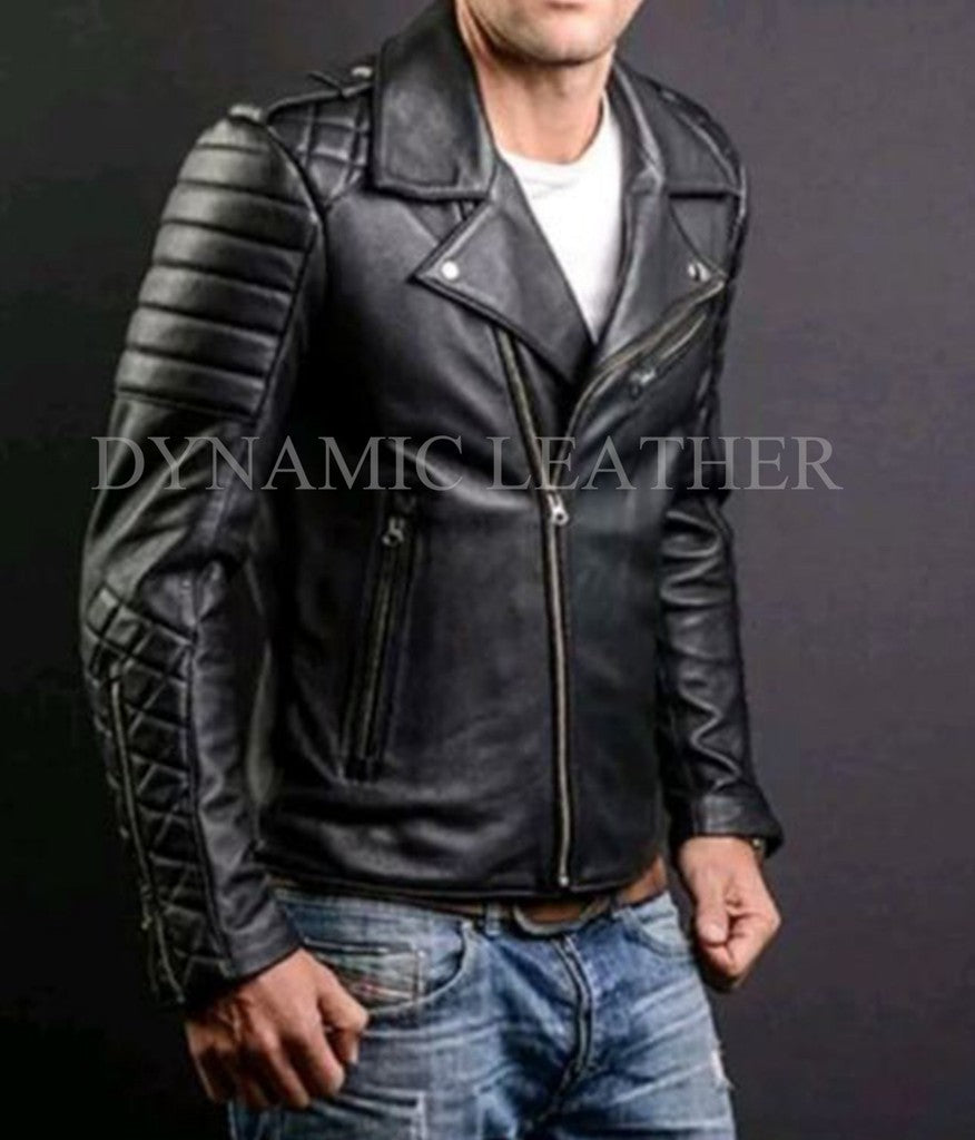 Majestic Leather - MEN’S FASHION GENUINE LEATHER SLIM FIT QUILTED BLACK LEATHER BIKER JACKET
