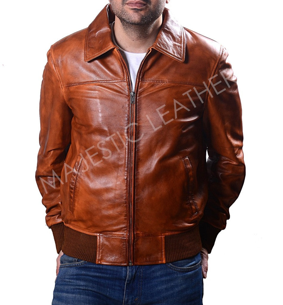 Majestic Leather - Men's Biker Motorcycle Vintage Rust Brown Bomber Winter Leather Jacket-BNWT