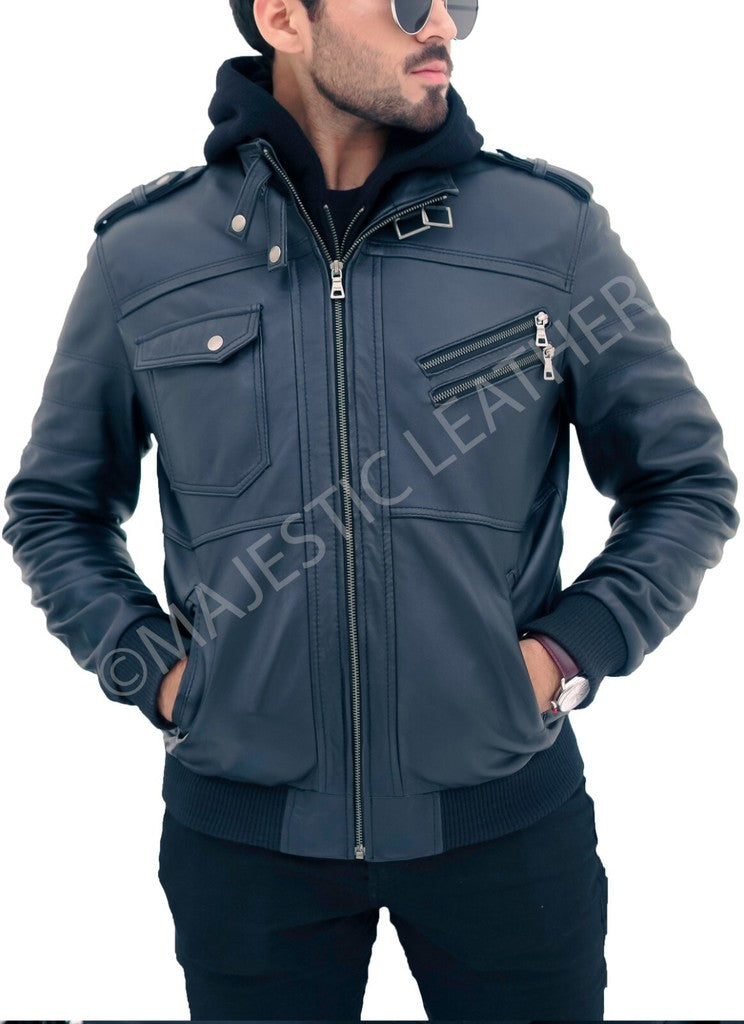 Majestic Leather - New Men's Genuine Real Leather Jacket Black Bomber Winter Hooded Jacket Coat
