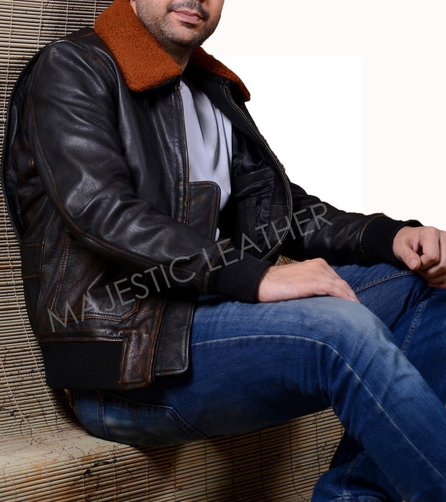 Majestic Leather - Mens G-1 Navy Leather Bomber Distressed Brown Real Leather Jacket
