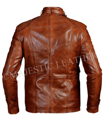 Majestic Leather - Men's Biker Vintage Antique Brown Studded Hunter Pocket Real Leather Jacket
