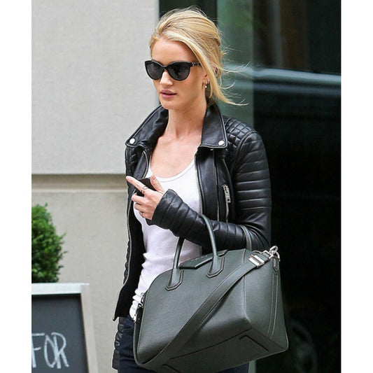 Majestic Leather - Black Women's Slim Fit Biker Diamond Quilted Real Leather Jacket-BNWT