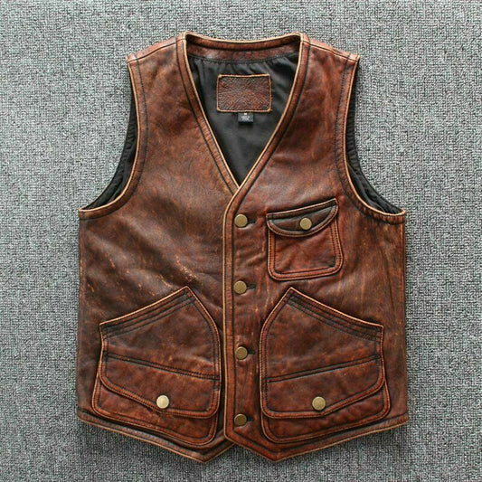 Majestic Leather - Men's Biker Vintage Tan Brown Real Leather Motorcycle Vest (812)