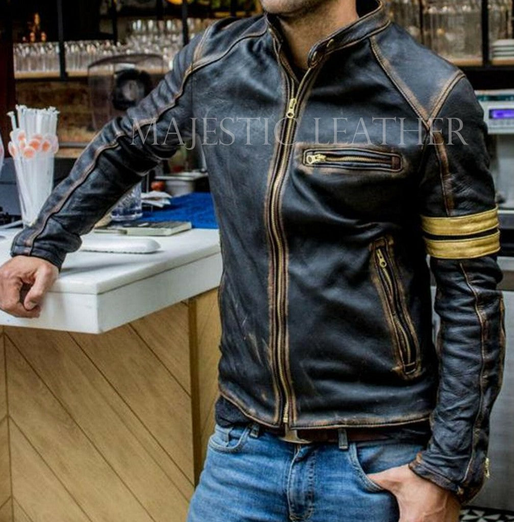 Majestic Leather - Men's Biker Vintage Golden Striped Black Luxury Handmade Lamb Leather Jacket