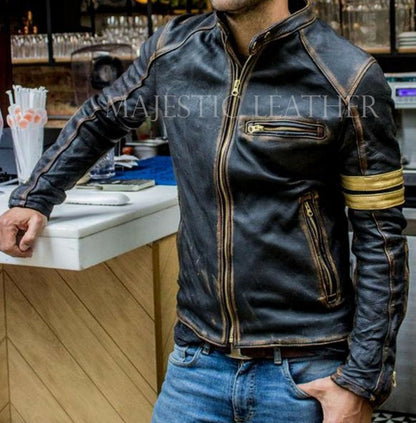 Majestic Leather - Men's Biker Vintage Golden Striped Black Luxury Handmade Lamb Leather Jacket