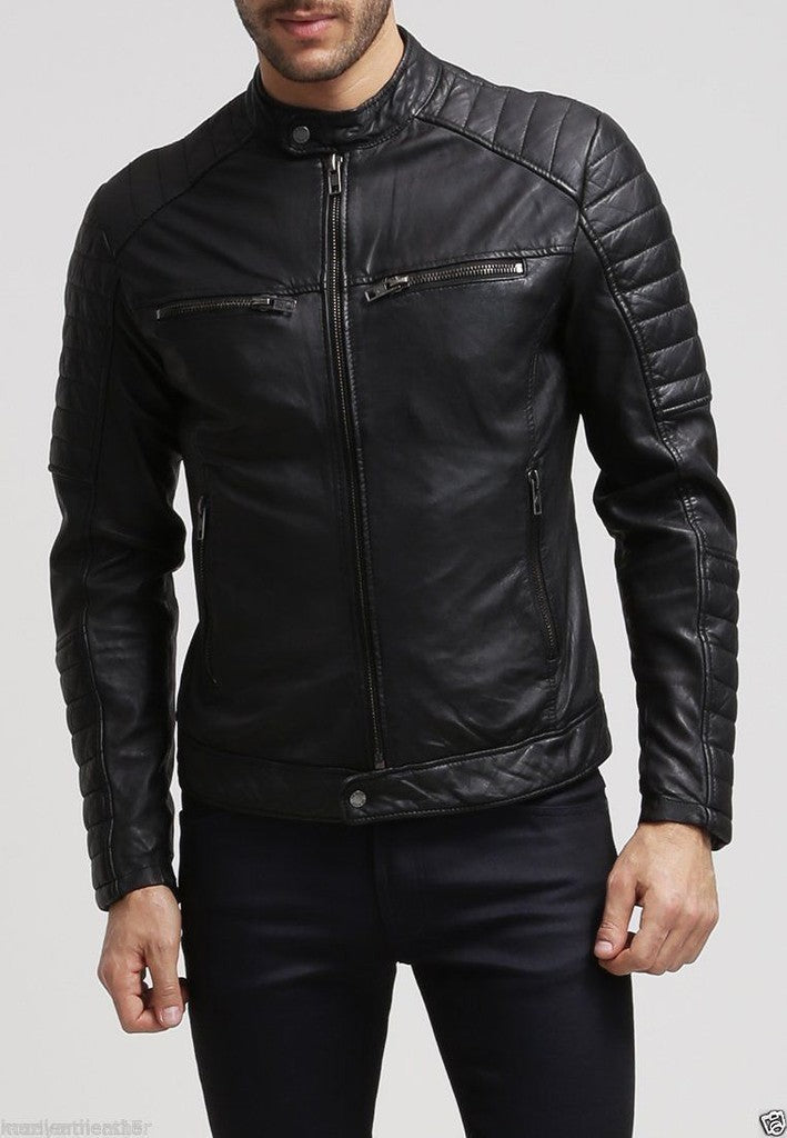 Majestic Leather - Men's Slim Fit Biker Motorcycle Style Retro Black Leather Jacket