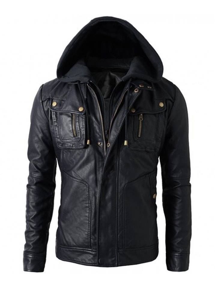 Majestic Leather - New Men's Motorcycle Brando Style Biker Real Soft Black Leather Hoodie Jacket