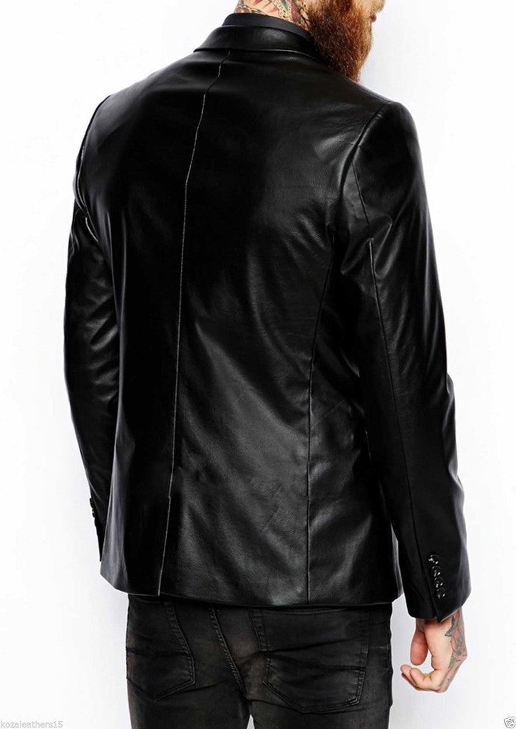Majestic Leather - Men's Genuine Lambskin Real Leather Blazer Jacket Two Button Slim Fit Coat
