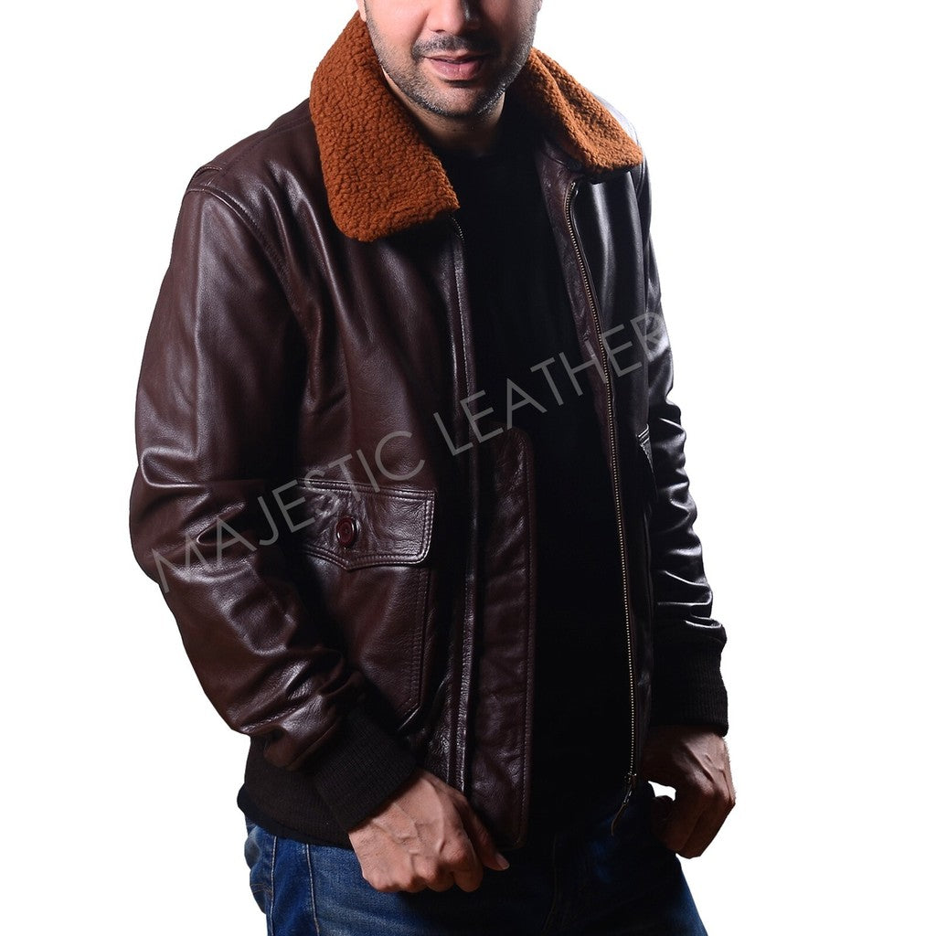 Majestic Leather - Mens Aviator Navy G-1 Flight Jacket Real Brown Leather Bomber Jacket