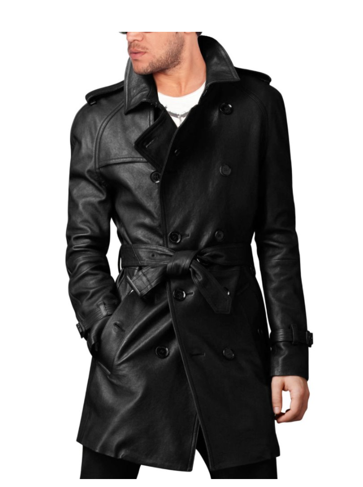 Majestic Leather - MEN'S STYLISH BELTED BLACK LONG COAT, LEATHER TRENCH COAT, PEA COAT