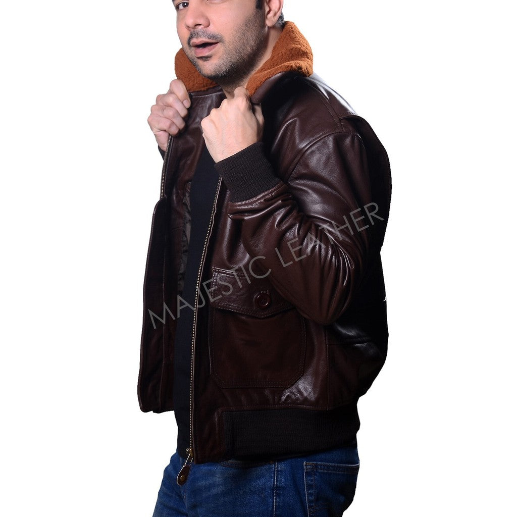 Majestic Leather - Mens Aviator Navy G-1 Flight Jacket Real Brown Leather Bomber Jacket