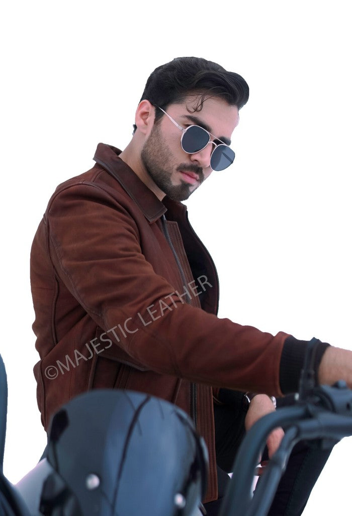 Majestic Leather - New Aviator Bomber Pilot Brown Nubuck Leather Jacket