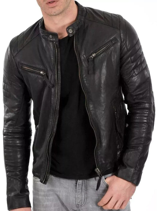 Majestic Leather - Cafe Racer Leather Jacket Soft Real Sheep Napa Leather Biker Style
