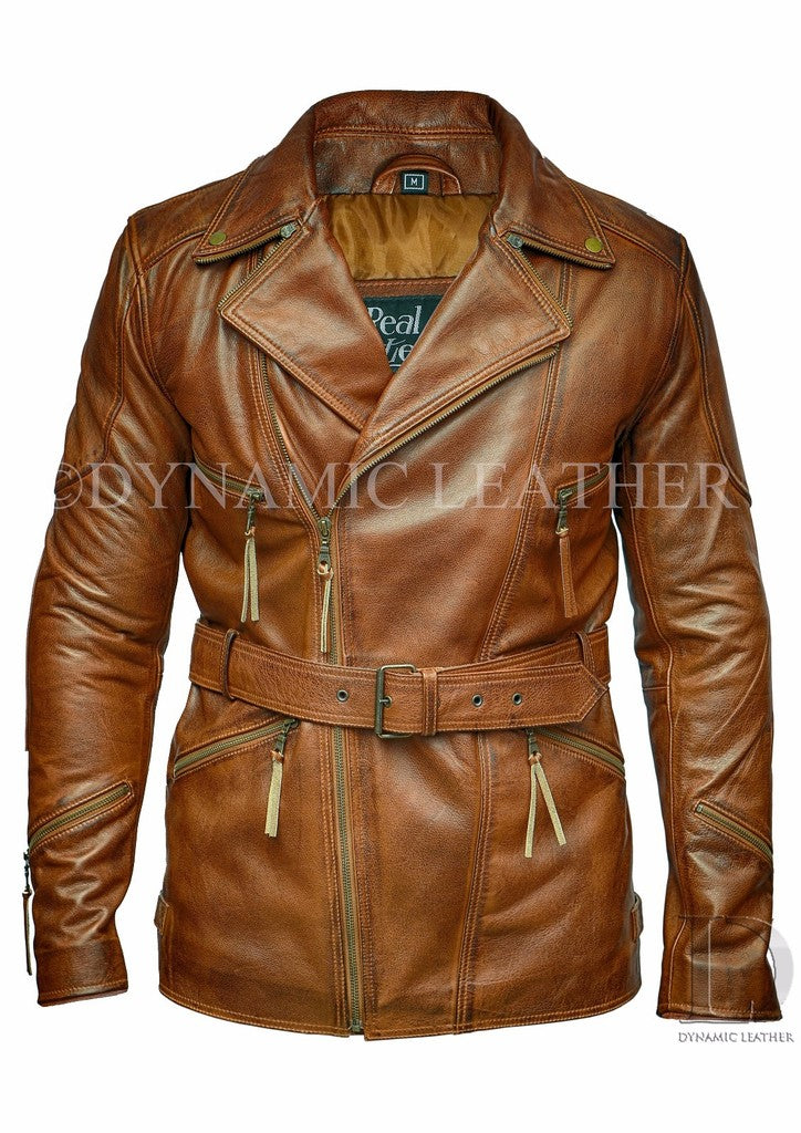 Majestic Leather - Men's Brown 3/4 Motorcycle Biker Long Cow Hide Leather Jacket