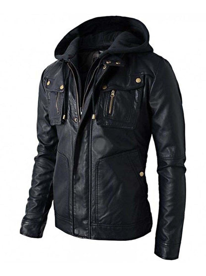 Majestic Leather - New Men's Motorcycle Brando Style Biker Real Soft Black Leather Hoodie Jacket