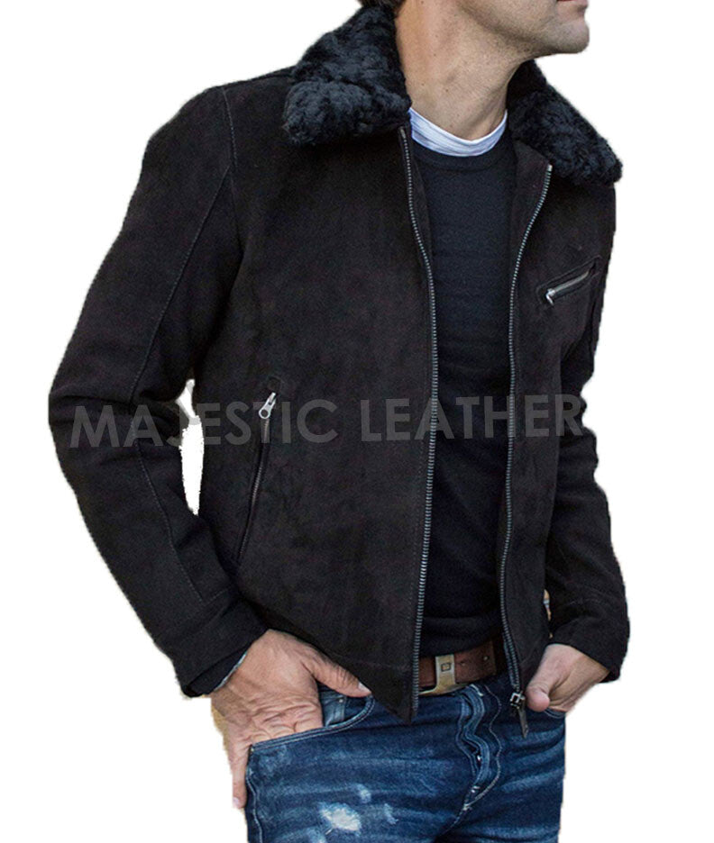 Majestic Leather - Men's Black Suede Leather Shearling Collar Classic Luxury Jacket