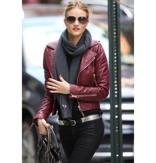 Majestic Leather - Ladies Women Brando Burgandy Leather Motorcycle Slim Fit Short Body Jacket