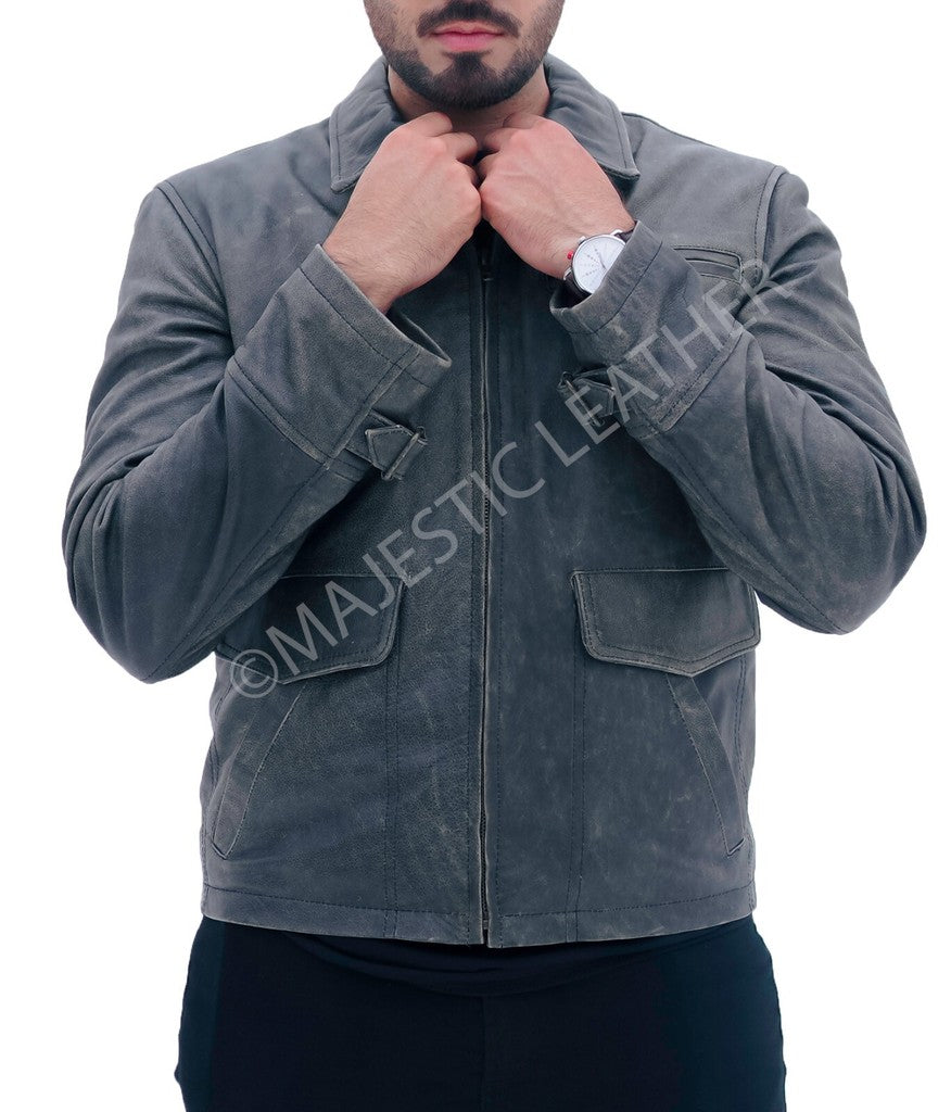 Majestic Leather - MEN'S AVIATOR DISTRESS BLACK GREY REAL LEATHER JACKET