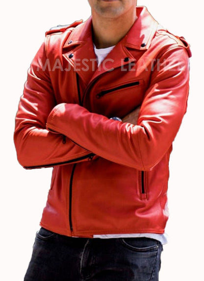Majestic Leather - Men's Fashion Red Vintage Motorcycle Cafe Racer Genuine Leather Jacket