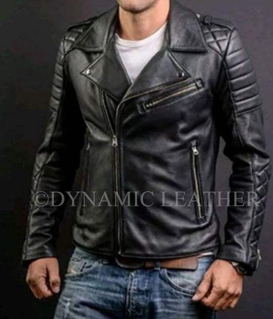 Majestic Leather - MEN’S FASHION GENUINE LEATHER SLIM FIT QUILTED BLACK LEATHER BIKER JACKET