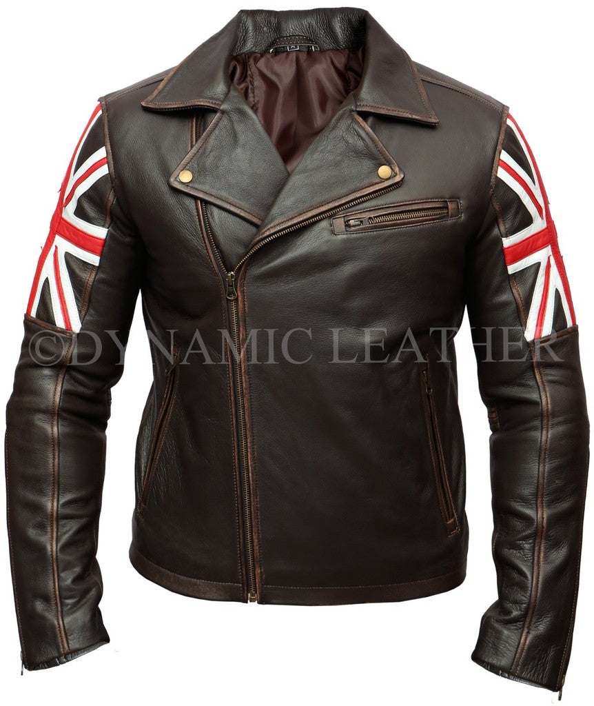 Majestic Leather - Mens Biker Vintage Distressed Brown Union Jack 2 Cafe Racer Leather Jacket