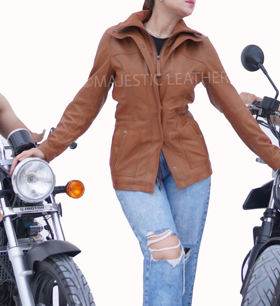 Majestic Leather - Women Real Lambskin Camel Brown THREE-QUARTER Biker Leather Coat