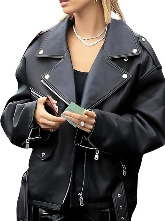 Majestic Leather - 90's Women Casual Oversize Biker Lambskin Soft Real Leather Jacket
