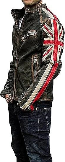 Majestic Leather - Men's Motorcycle Vintage Racer Union Jack Leather Black Distressed Jacket