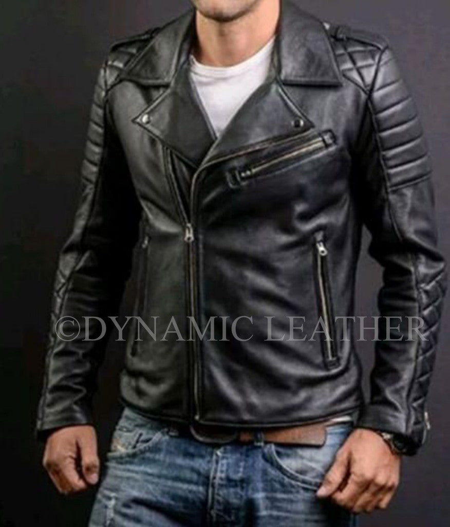 Majestic Leather - MEN’S FASHION GENUINE LEATHER SLIM FIT QUILTED BLACK LEATHER BIKER JACKET