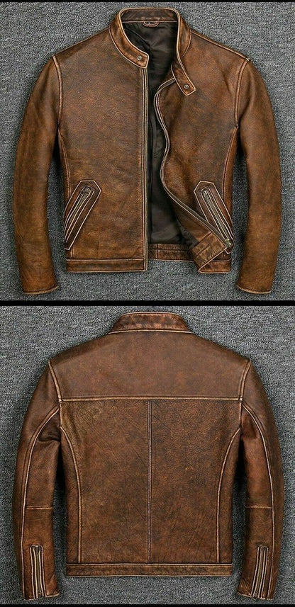 Majestic Leather - Mens Motorcycle Cafe Racer Vintage Biker Brown Distressed Real Leather Jacket