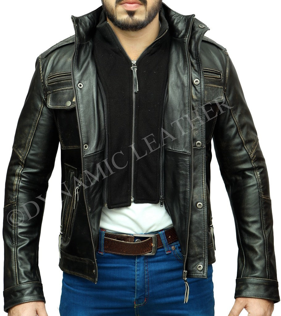 Majestic Leather - Men's Vintage Rivet Biker Style Motorcycle Cafe Racer Distressed Leather Jacket