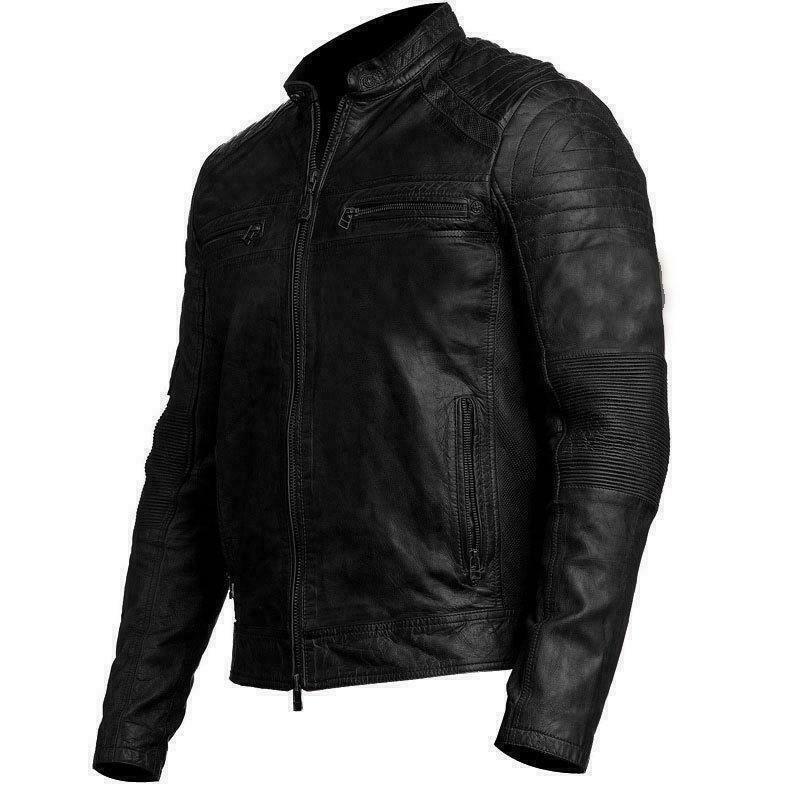 Majestic Leather - Mens Biker Vintage Antique Black Cafe Racer Moto Real Lamb Leather Jacket