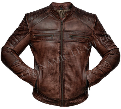 Majestic Leather - Mens Biker Vintage Antique Brown Smart Cafe Racer Real Leather Jacket