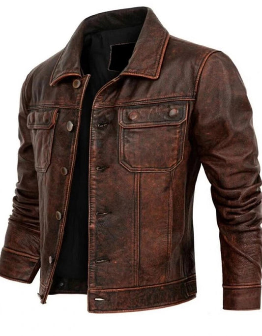 Majestic Leather - New Men's Biker Cafe Racer Brown Trucker Genuine Real Leather Vintage Jacket