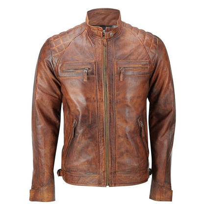 Majestic Leather - Mens Biker Quilted Vintage Distressed Motorcycle Cafe Racer Leather Jacket