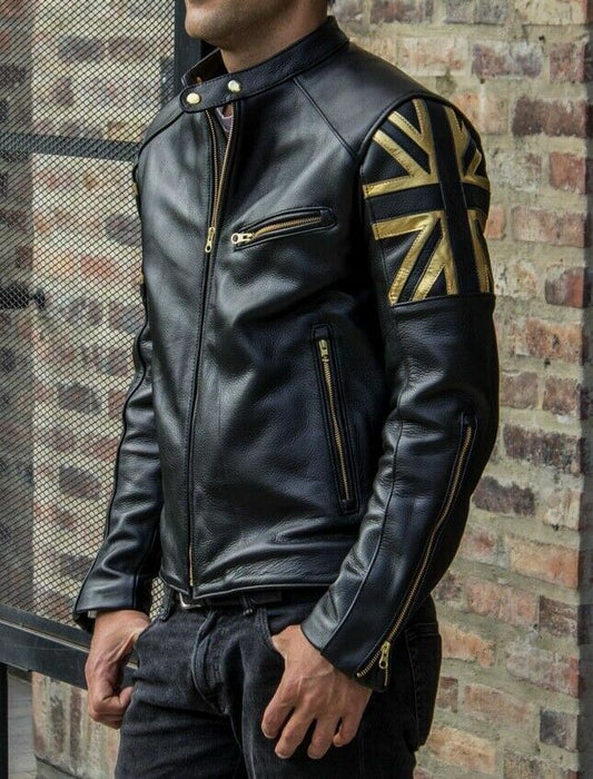 Majestic Leather - Union Jack UK FLAG Cafe Racer Vintage Men Black Motorcycle Biker Leather Jacket